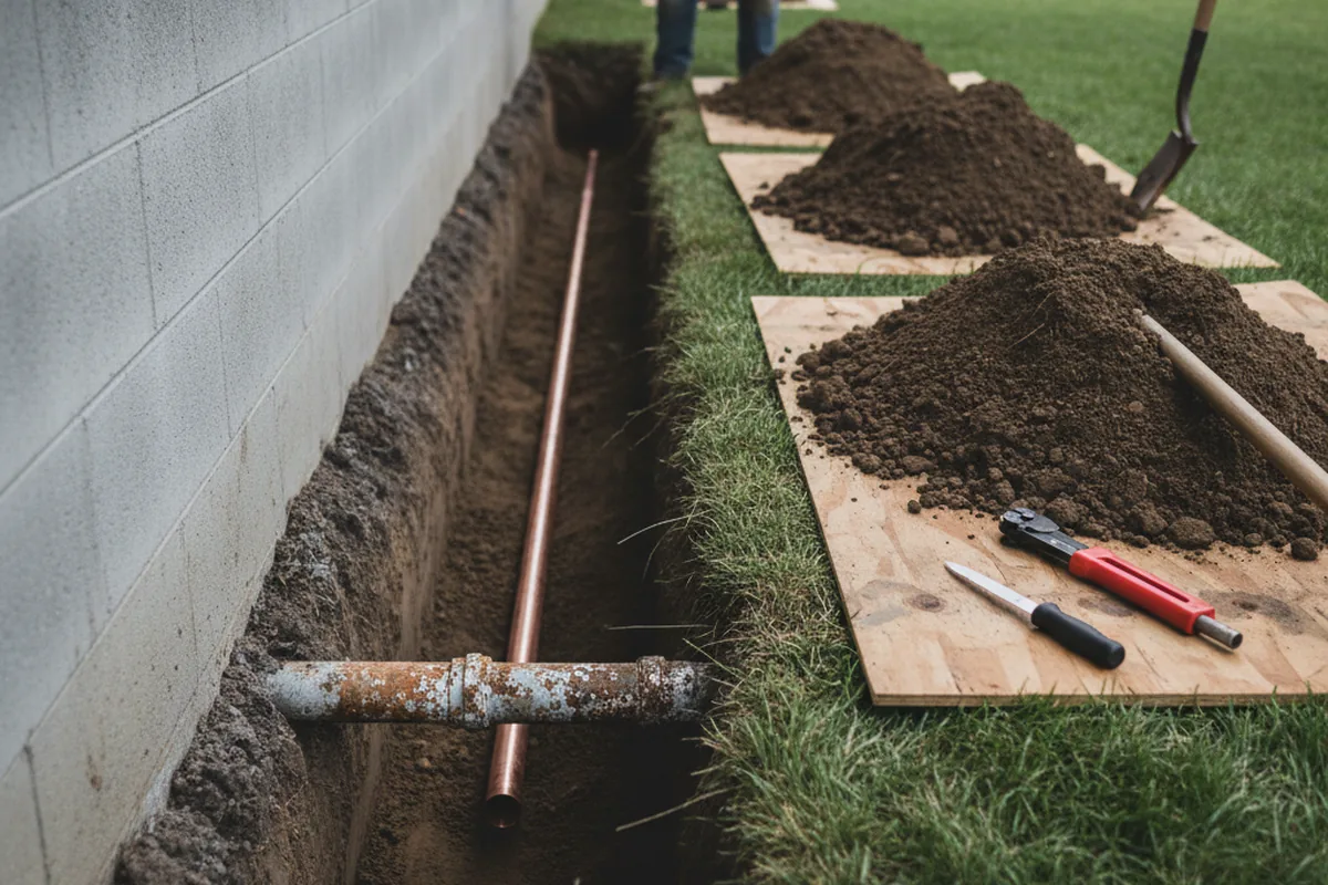 Excavated water line trench during Sewer Line Repair in Pleasant Hill